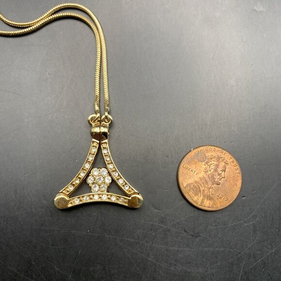 Park Lane Pendant Necklace Flower Floral Triangle Gold Tone Clear Rhinestone - Picture 4 of 9